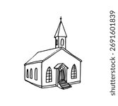 Chapel with a tower, isometric view - hand drawn sketch line art