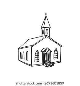 Capela com uma torre, vista isométrica - desenho desenhado à mão esboço