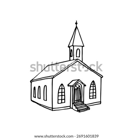 Chapel with a tower, isometric view - hand drawn sketch line art