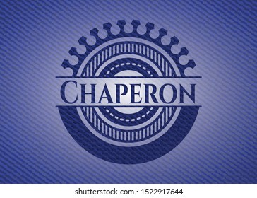 Chaperon emblem with denim high quality background. Vector Illustration. Detailed.