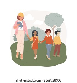 Chaperones isolated cartoon vector illustration. Adult supervisor leading children on the street, field trip security guard, kids walking together, chaperon for excursion vector cartoon.
