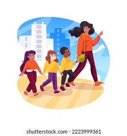 Chaperones aislaron ilustración vectorial de dibujos animados. Supervisor adulto liderando a los niños en la calle, guardia de seguridad de viajes de campo, niños caminando juntos, acompañantes de dibujos animados vectores de excursiones.