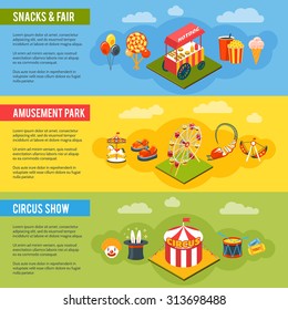 Chapiteau circus in amusement fair park with snacks 3 vertical flat banners set abstract isolated vector illustration