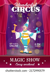 Chapiteau circus poster with cartoon clown on stage. Big top circus show, balloon sculpture artist performance vector banner, poster with comedian, jester or mime character illuminated with spotlights