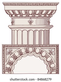 Chapiter- hand draw sketch doric architectural order based "The Five Orders of Architecture" is a book on architecture by Giacomo Barozzi da Vignola from 1593. Vector illustration.