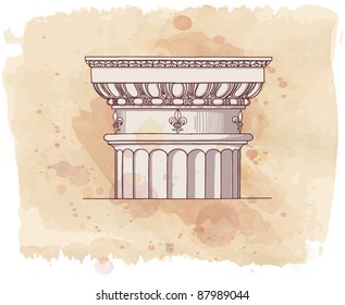 Chapiter- hand draw sketch doric architectural order & vintage watercolor background