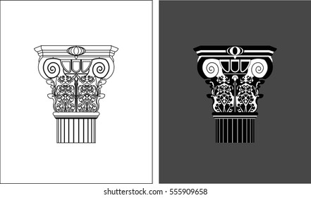 Chapiters of column in the Corinthian style isolated on white and gray backgrounds