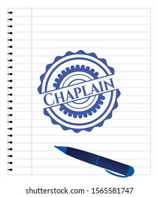 Chaplain emblem with pen effect. Blue ink. Vector Illustration. Detailed.