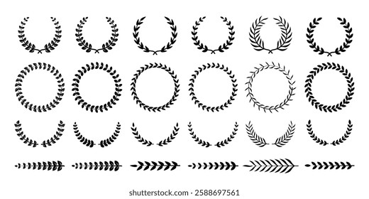 Chaplet icon set. Circular laurel foliate. Silhouette laurel wreath with leaf. Winner round emblem isolated. Olive branch award vintage frame. Vector illustration.