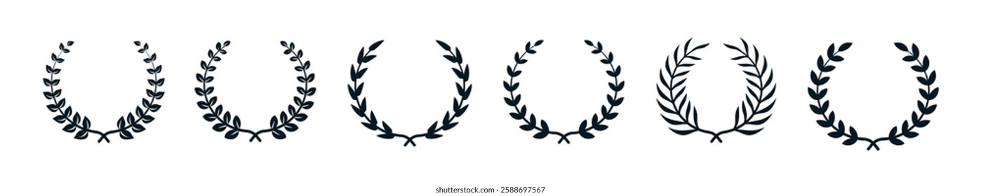 Chaplet icon set. Circular laurel foliate. Silhouette laurel wreath with leaf. Winner round emblem isolated. Olive branch award vintage frame. Vector illustration.