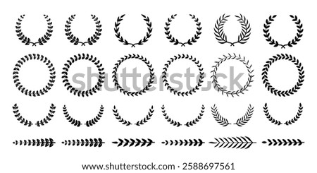 Chaplet icon set. Circular laurel foliate. Silhouette laurel wreath with leaf. Winner round emblem isolated. Olive branch award vintage frame. Vector illustration.