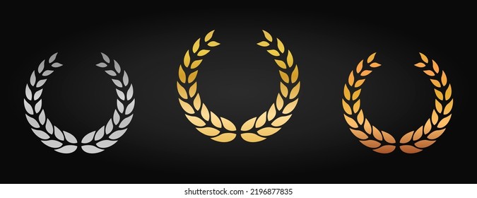 Chaplet Laurel Wreath Success Heraldry Silhouette Icon Set. Nominate Gold Bronze Silver Twig Leaf Olive Branch Reward Pictogram. Victory Achievement Emblem for Champion. Isolated Vector Illustration.