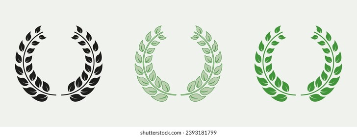 Chaplet Symbol Collection, Foliate Round Vintage Victory Emblem. Laurel Wreath Color Icon Set. Green Leaf, Winner Award Pictogram. Circle Greek Olive Tree Branch. Isolated Vector Illustration.