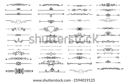 Chapter dividers, decorations and delimiters set. Frame elements with elegant swirls, text separators. Decoration for paper documents and certificates, line and waves. Isolated vector elements