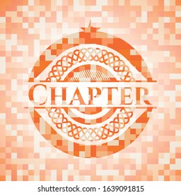 Chapter orange tile background illustration. Square geometric mosaic seamless pattern with emblem inside.