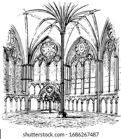 Chapter-house, Salisbury Cathedral, architecture, vintage engraving.