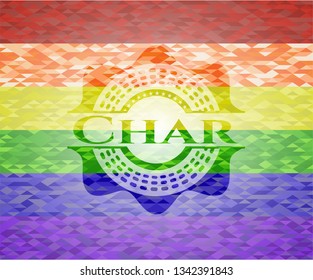 Char on mosaic background with the colors of the LGBT flag
