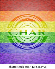 Char on mosaic background with the colors of the LGBT flag