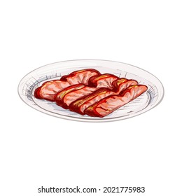 Char siu on plate. Vintage vector hatching color hand drawn illustration isolated on white background