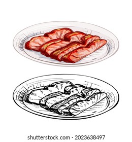 Char siu on plate. Vintage vector hatching color hand drawn illustration isolated on white background