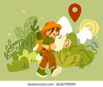 Characret Hiking with Map Scene. Cartoon girl with backpack, map and compass hiking through a green landscape with trees and mountains. Flat illustration with warm earthy palette on soft background.