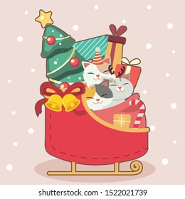 The characteer of cute cat sitting in the sleigh in flat vector style. Illustration about cat with christmas theme for graphic,content , banner, sticker label and greeting card.