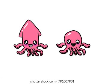 character of 2 pink squid cartoon style