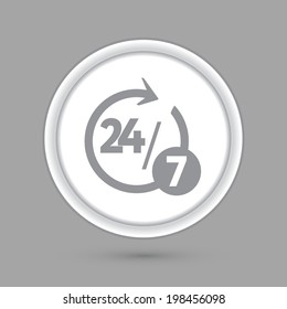 character 24 7. circle grey icon with a shadow. 24/7