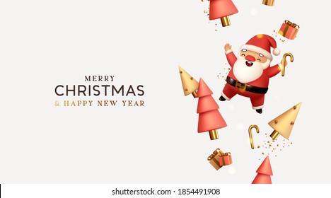 Character 3d Santa Claus. 
Christmas and New Year background. Falling gift box realistic Conical Abstract Gold Christmas Trees. Xmas Winter holiday composition. Greeting card, banner, web poster.