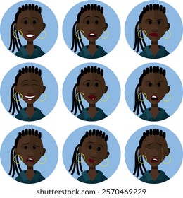 character in 9 different facial expressions - black woman