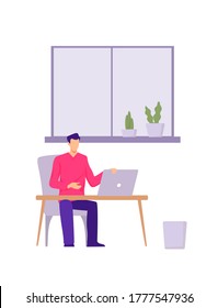 Character in abstract office. Manager in red shirt works at laptop his office modern style of furnishings and furniture executive employee performs assigned vector tasks.
