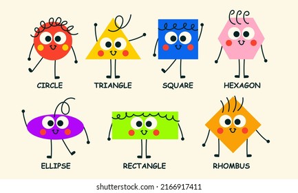 Character abstract shape funny face. Cartoon doodle design geometric education trendy set vector illustration concept. Graphic circle, hexagon, triangle, rectangle, square. Basic collection figure