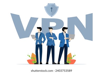 acceso de caracteres a sitios que utilizan el servicio VPN para eludir el bloqueo y desbloqueo, Programas para el uso gratuito de Internet, mensajeros y redes sociales, Caracteres que usan laptops, ilustración de Vector Flat.