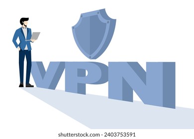 character accessing sites using VPN service to bypass blocking and unblocking, Programs for free use of the Internet, messengers and social networks, Character using laptop, Flat Vector illustration.