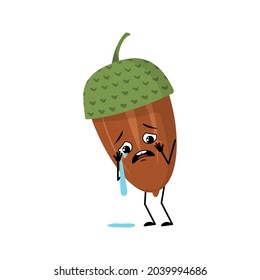 Character Acorn With Crying And Tears Emotion, Sad Face, Depressive Eyes, Arms And Legs. Melancholy Forest Plant, Autumn Nut