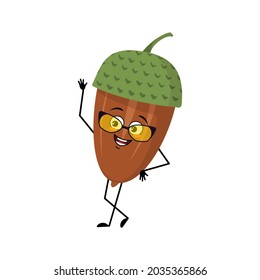 Character acorn with glasses and joyful emotions, joyful face, smile eyes, arms and legs. Cheerful forest plant, autumn nut