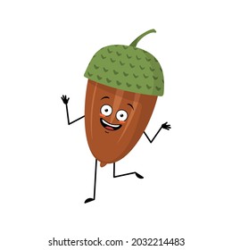 Character acorn with happy emotions, dancing, joyful face, smile eyes, arms and legs. Cheerful forest plant, autumn nut