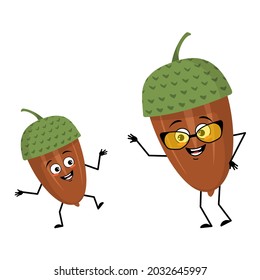 Character acorn with happy emotions, joyful face, smile eyes, arms and legs. Cheerful forest plant, autumn nut. Grandmother with glasses and grandson