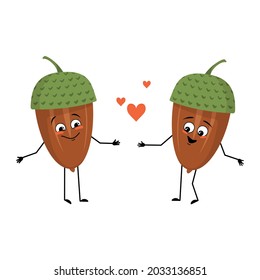 Character acorn with love emotions, smile face, arms and legs. Cheerful forest plant, autumn nut