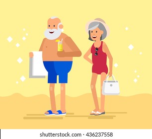 Character . Active senior, age travelers. Old retired tourists couple. Elderly couple having summer vacation in swimsuits go on beach