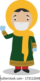 Character from Afghanistan dressed in the traditional way and with surgical mask and latex gloves as protection against a health emergency