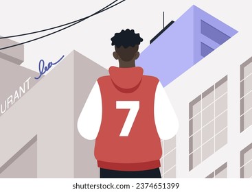 A character with an afro hairstyle, seen from behind, sporting a bomber jacket featuring the number 7 on the back, situated in the bustling urban landscape of a city center surrounded by skyscrapers