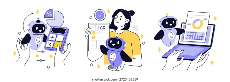Personaje con robot de aire preparando una declaración de impuestos, rellenando documentos, calculando impuestos. Conjunto de conceptos de impuestos automatizados. Ilustración vectorial.