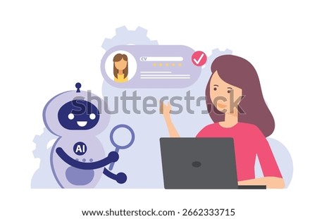 Character and AI robot working together. Business recruitment process, job searching, employee evaluation concept