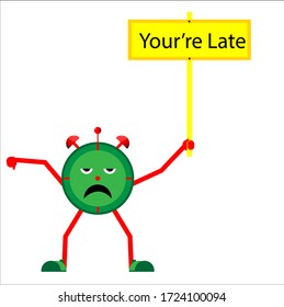 character alarm clock, holding a board that says "you're late"