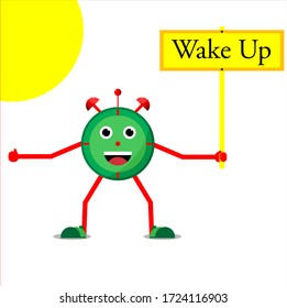 character alarm clock, holding a board that says "wake up"