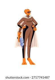 Character of alien or space monster holds blaster. Extraterrestrial humanoid stands with gun in hand. Astronaut of UFO is on invasion of planet. Flat isolated vector illustration on white background