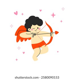 Character amour cupid valentines day.Vector Illustration of Cartoon Character for Valentines Day. Cartoon angel shoots hearts from a bow