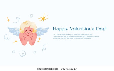 Carácter amur cupido feliz día de San Valentín cartel. Ángel de la historieta con un arco, flecha, ala y corazón. Conjunto de lindos personajes voladores de boda. Ilustración vectorial aislada en el fondo