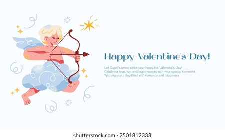 Carácter amur cupido feliz día de San Valentín cartel. Ángel de la historieta con un arco, flecha, ala y corazón. Conjunto de lindos personajes voladores de boda. Ilustración vectorial aislada en el fondo